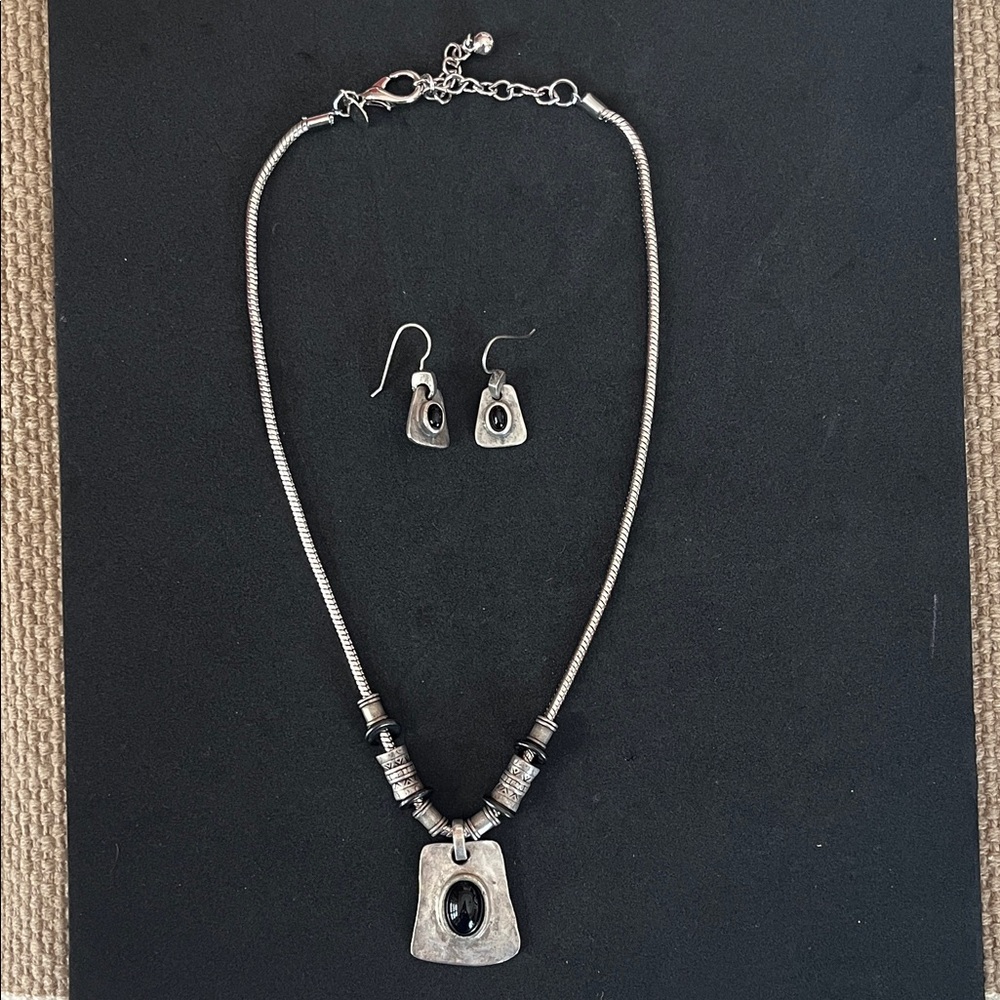 Sterling-Style Silver Necklace and Earring Set with Black Stone